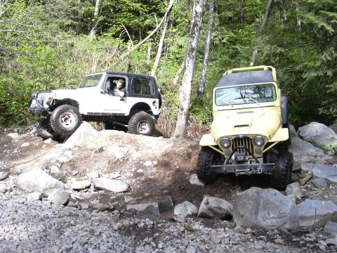 1991 Ford Bronco - Two Jeeps navigate a challenging off-road course in a wooded area.