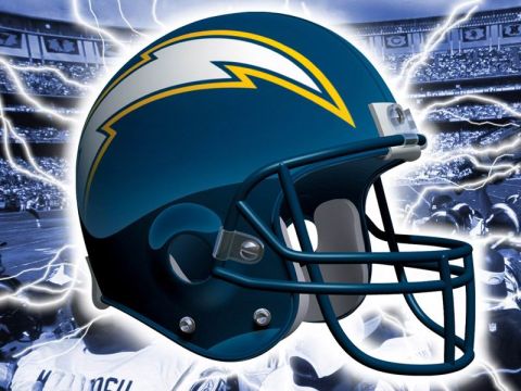 1986 Ford Bronco - A graphic image features a football helmet with the Chargers logo, set against a backdrop of a stadium and lightning.