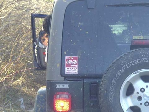 1989 Ford Bronco - Close-up of the mud-flecked rear corner of a green Jeep Wrangler, showing a pink 'It's a Jeep thing, you wouldn't understand' sticker, a Be…