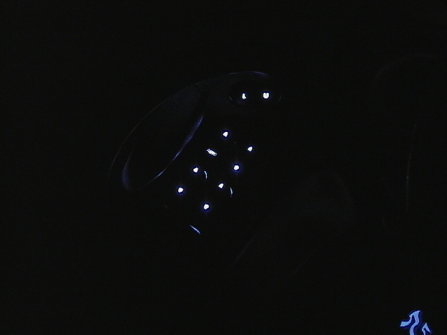 Interior buttons glowing blue at night
