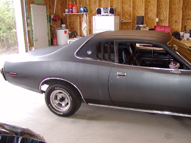1975 Dodge Charger, dark gray paint, louvers on rear window, chrome trim