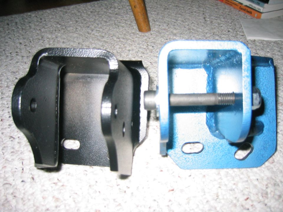 Two metal brackets, one black and one blue, bolted together on a carpeted surface