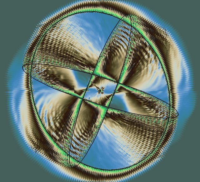 Abstract circular pattern with green and brown textures against a blue sky background