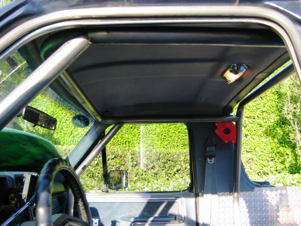 Bronco interior with black roll cage, headliner, seat belt and red bracket, hedge visible outside