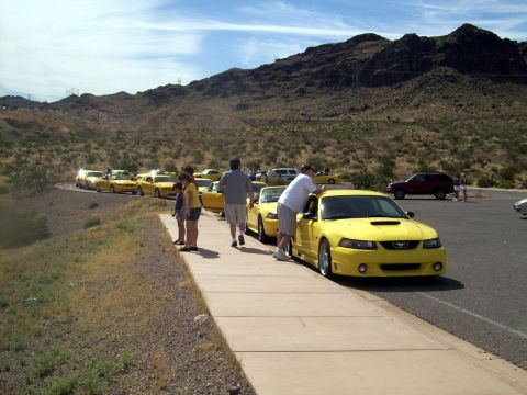 2002 Ford Mustang - A group of yellow Ford Mustangs are gathered on a road with a mountainous desert landscape.