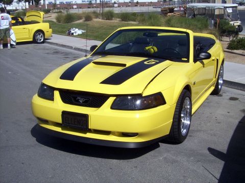 2002 Ford Mustang - A yellow convertible Mustang with racing stripes is parked on a street, with another Mustang in the background.