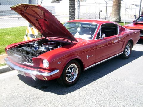 2002 Ford Mustang - A classic red Ford Mustang is displayed with its hood open, revealing the engine compartment.