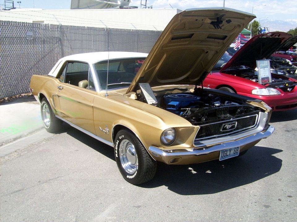 Gold vintage Mustang coupe with white roof and hood open at a car show