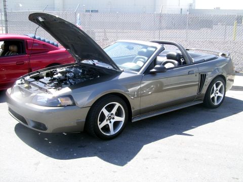 2002 Ford Mustang - A gray convertible with its hood open is parked next to a red car.