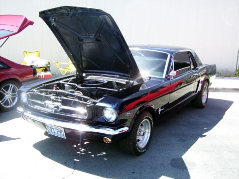 2002 Ford Mustang - A classic black Ford Mustang is displayed with its hood open, revealing the engine bay.