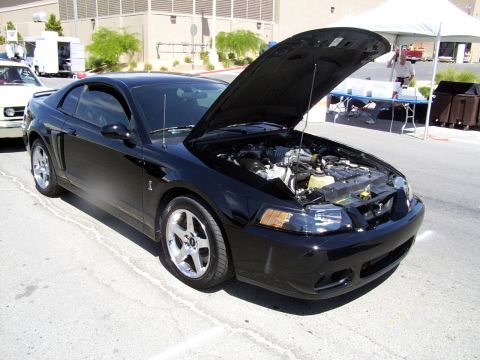 2002 Ford Mustang - Black 2002 Ford Mustang coupe with hood open, parked outside an event.