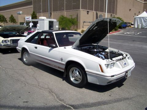 2002 Ford Mustang - A white 1987 Ford Mustang hatchback is parked with its hood open at an outdoor event.