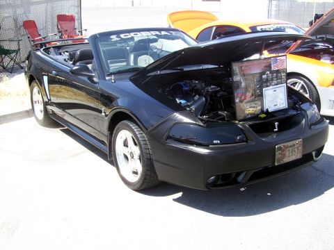 2002 Ford Mustang - A black 2002 Ford Mustang convertible is displayed with its hood open, revealing the engine and a presentation board.