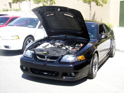 2002 Ford Mustang - A black Ford Mustang is parked with its hood open, revealing the engine bay. Another car is visible behind it.
