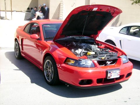 2002 Ford Mustang - A red 2002 Ford Mustang coupe is parked with its hood open, revealing the engine. Another white vehicle is visible to the right.