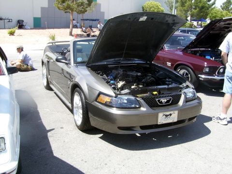 2002 Ford Mustang - A gray 2002 Ford Mustang convertible is displayed with its hood open, revealing the engine bay.