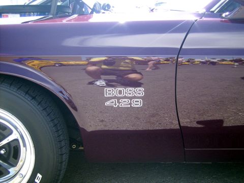 2002 Ford Mustang - Side view of a purple Ford Mustang with a 'BOSS 429' emblem. The year is 1969, not 2002.