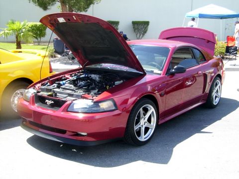 2002 Ford Mustang - A red 2002 Ford Mustang is displayed with its hood and trunk open at an outdoor event.