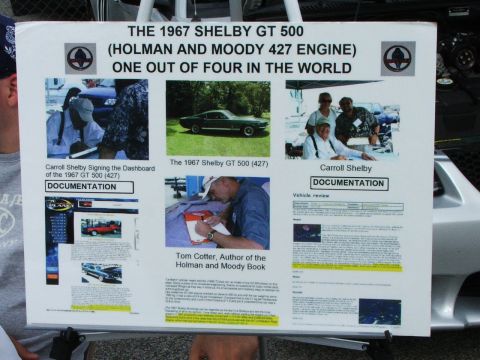 2005 Ford Mustang - A display board details the 1967 Shelby GT 500, including its Holman and Moody 427 engine.