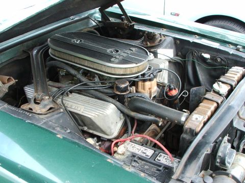 2005 Ford Mustang - Engine bay view of a V8 engine, the air cleaner assembly and radiator. The registry claims this is a 2005 Ford Mustang, but the engine appe…