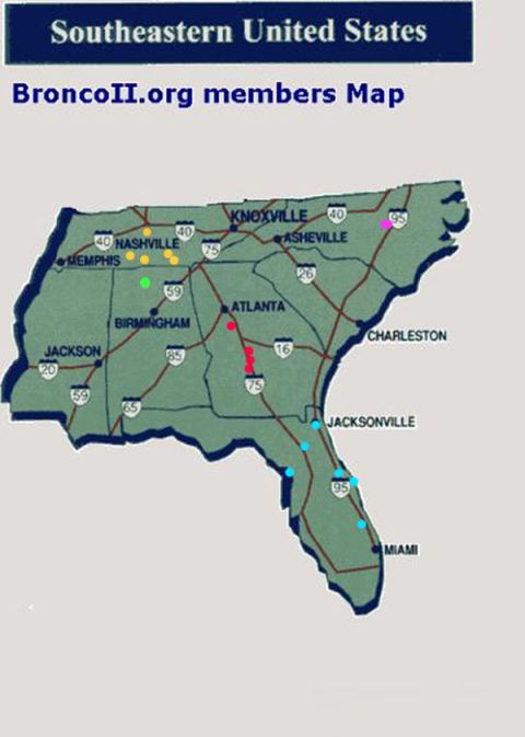 1989 Ford Bronco II - This map displays the locations of Bronco II club members across the Southeastern United States, with markers indicating member presence in…