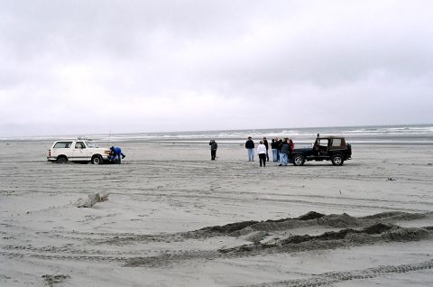 1979 Ford Bronco - Two vehicles are on a sandy beach, one white Bronco appears stuck while a group of people stand near a dark-colored Jeep.