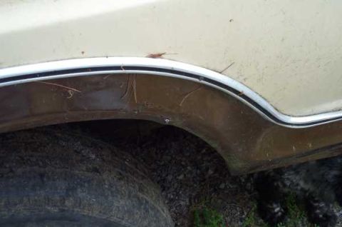 1979 Ford Bronco - Detail shot of the wheel well and fender trim on a tan vehicle, showing signs of rust and wear.