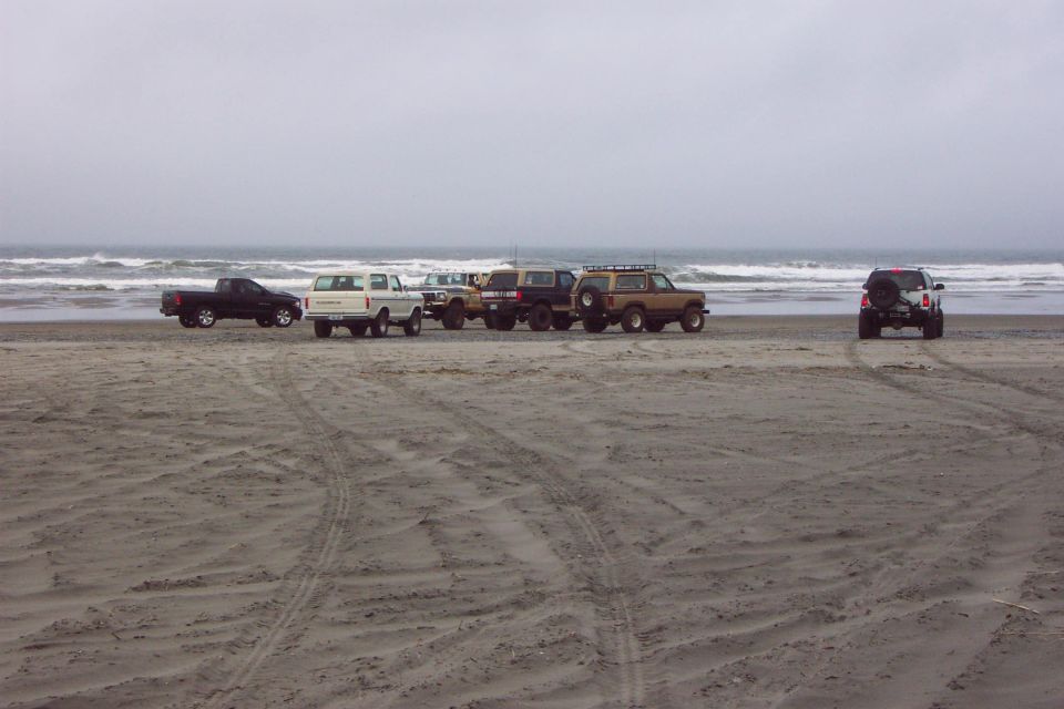 Row of trucks and SUVs parked on an overcast beach near the ocean surf