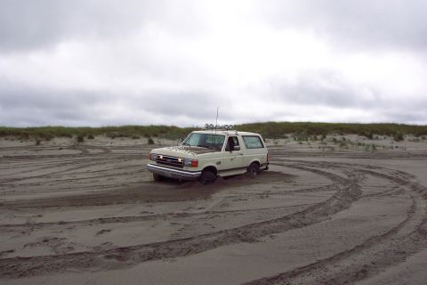 1996 Ford Bronco - A white 1996 Ford Bronco is stuck in the sand with tire tracks visible around it under a cloudy sky.