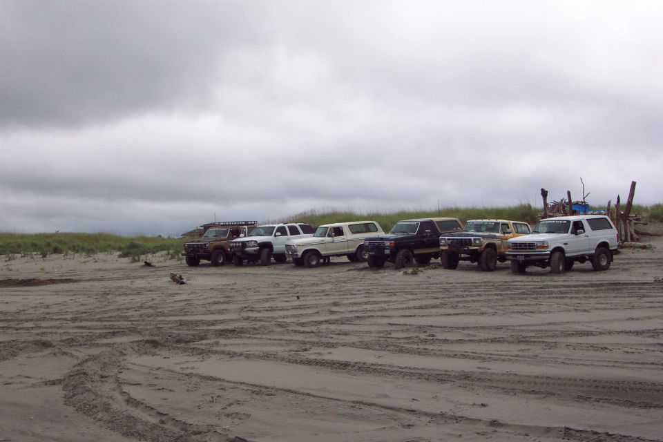Row of SUVs and trucks parked on an overcast sandy beach with dunes behind.