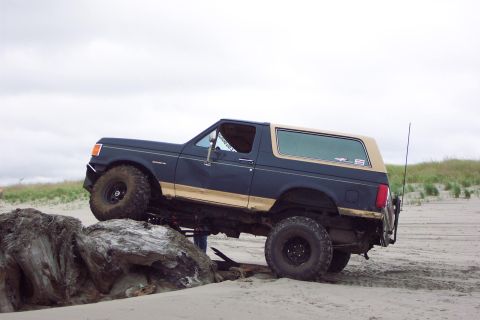 1996 Ford Bronco - This Ford Bronco is navigating a sandy terrain with large pieces of driftwood.
