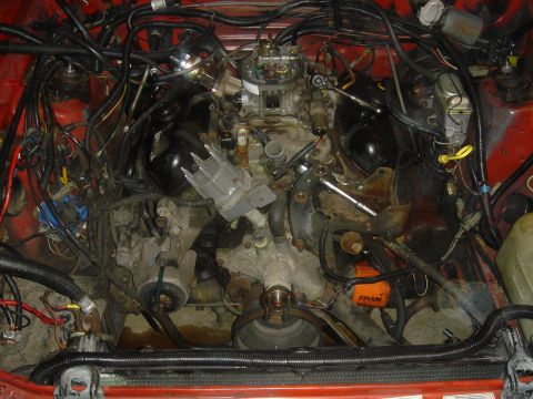 1986 Ford Mustang - Engine bay of a red car, showing the carburetor, distributor, and various hoses and wires.