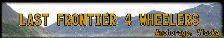 Last Frontier 4 Wheelers Anchorage Alaska club banner over a mountain photo