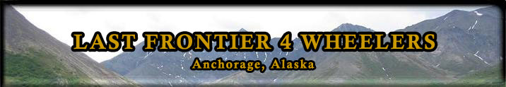Last Frontier 4 Wheelers Anchorage Alaska club banner over a mountain valley photo
