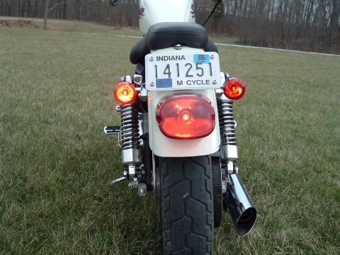 1995 Mercury Grand Marquis - The rear view of a white motorcycle shows its taillight, turn signals, and license plate.