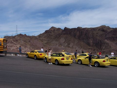 2002 Ford GT - A group of yellow Ford Mustangs are parked near a desert landscape with a school bus present.