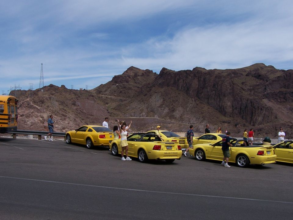 Several yellow Ford Mustangs parked with people around them, a yellow school bus on the left, and mountains in the background