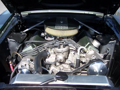 2002 Ford GT - The engine bay of a classic car, a V8 engine with a prominent air filter and chrome radiator.