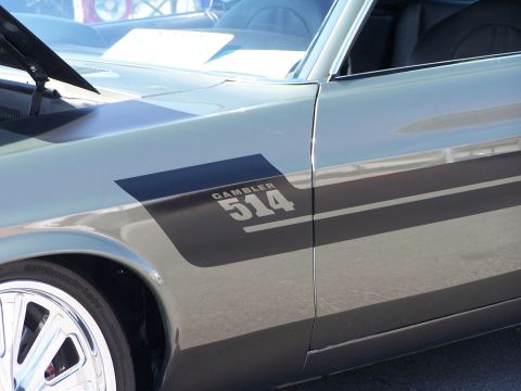2002 Ford GT - Side view of a car fender showing a 'GAMBLER 514' decal and racing stripes.