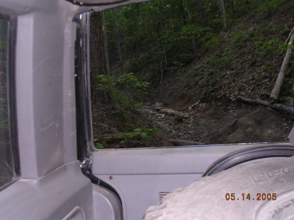 Interior view of a vehicle on a wooded trail, with a tire visible