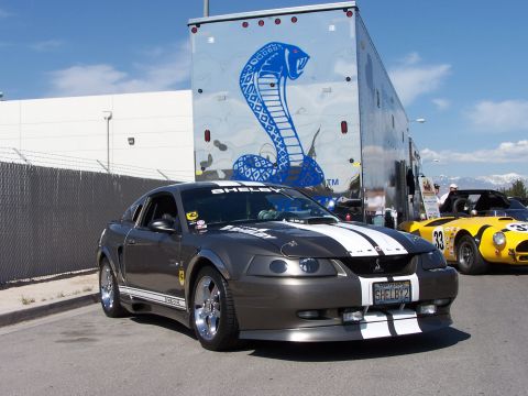 2002 Ford GT - A modified Ford Mustang Shelby is parked in front of a large trailer a prominent cobra graphic.