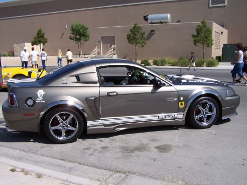 2002 Ford GT - A gray Ford Mustang GT500 is parked on the street, with a yellow car and people in the background.