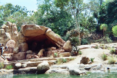 1968 Ford Mustang - Animatronic lions rest near a cave in a jungle-themed attraction at Disneyland.