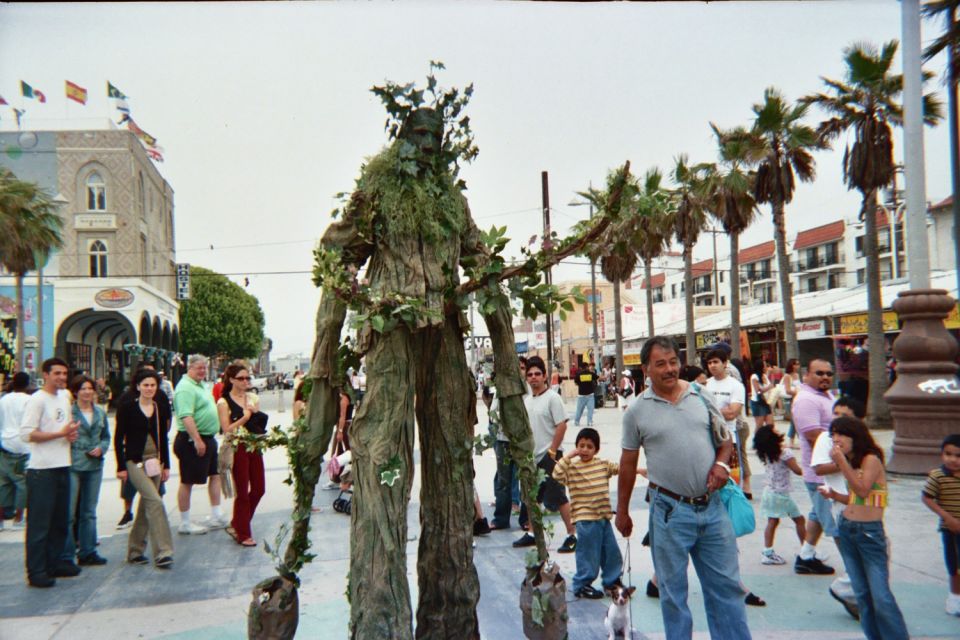 Person in a tree costume on a boardwalk with palm trees and buildings