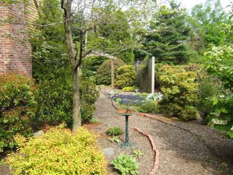 1998 Ford Taurus - A landscaped garden path features a bird bath and lush greenery, with a brick building visible on the left.