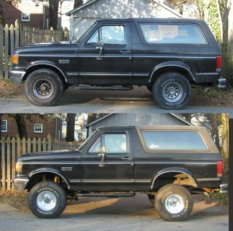 1988 Ford Bronco - A two-panel before-and-after comparison of a black full-size Ford Bronco shot from the driver's side in the same driveway. The top frame sh…