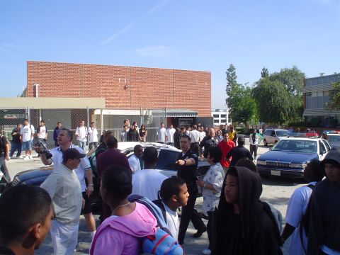 1993 Ford Taurus - A crowd gathers around police cars outside a brick building on a sunny day.