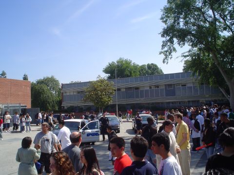 1993 Ford Taurus - A scene outside a building shows police cars and a gathering of people under a clear blue sky.