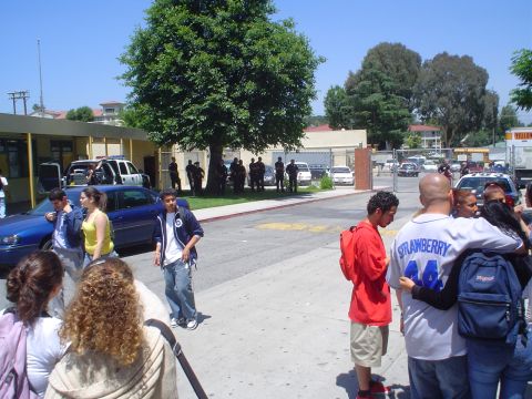 1993 Ford Taurus - Several police cars and officers are present near a building with a group of people.