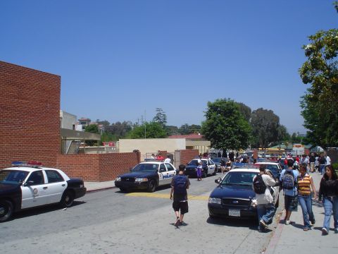 1993 Ford Taurus - Police cars are parked on a street, with people walking on the sidewalk.